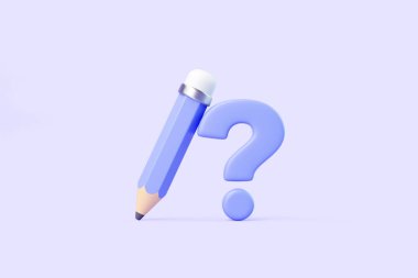 Açık mor renkli bir kalemin 3 boyutlu çizimi, arka planda açık mor bir soru işaretinin yanında silgi var.