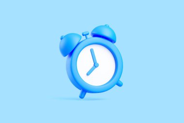 Açık mavi zemin üzerine eğilmiş yüzen mavi alarm saatinin üç boyutlu görüntüsü. Zamanı ve sabahı temsil eden minimalist ve eğlenceli bir kavram.
