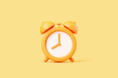 Parlak sarı arka planda beyaz kadranlı turuncu alarm saatinin üç boyutlu bir çizimi