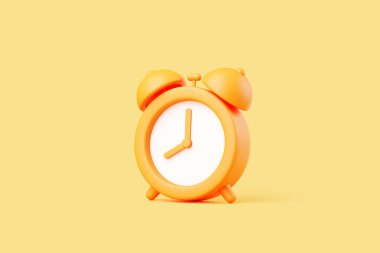 Saf sarı zemin üzerinde beyaz yüzlü, minimum 3D turuncu alarm saati, zaman ve sabah kavramı