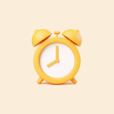 Minimalist sarı alarmlı saat, bej arka planda izole edilmiş, karikatür tarzında 3 boyutlu.