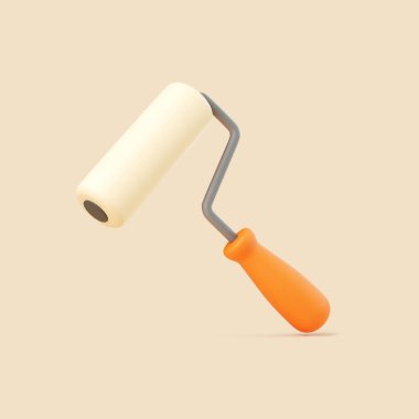 Turuncu saplı ve bej köpüklü, açık bej arkaplanlı 3 boyutlu bir resim silindiri. Ev yenileme veya DIY konsepti için temiz minimal tasarım