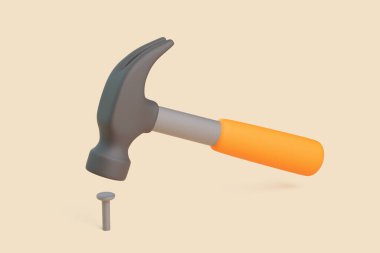 Turuncu saplı çiviye çakılan çekicin bej arka planda izole edilmiş üç boyutlu çizimi