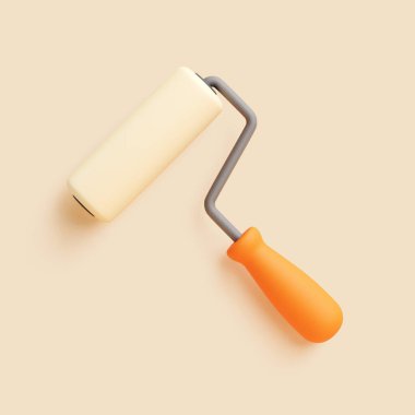 Turuncu saplı bej renkli bir boya silindirinin üç boyutlu görüntüsü. Resim, yenileme ve DIY projelerini sembolize eden minimal ve temiz konsept