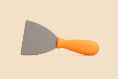 Turuncu saplı gri bir macun bıçağının bej arka planda düz yatmasının 3 boyutlu bir çizimi.
