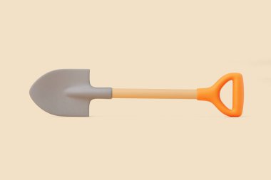 Turuncu saplı çizgi film tarzı gri kürek, bej arka planda izole edilmiş, yumuşak gölgeler ve temiz tasarım içeren 3D minimal çizim