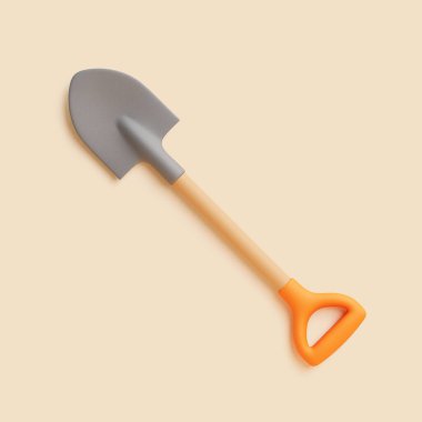Turuncu saplı gri bir küreğin yukarıdan aşağı görüntüsü, bej arka planda 3 boyutlu karikatür biçimi ve temiz tasarım.