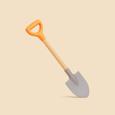 Gri bıçaklı, turuncu saplı, bej arka planda dikey duran, minimal temiz tasarımı olan 3 boyutlu bir kürek.