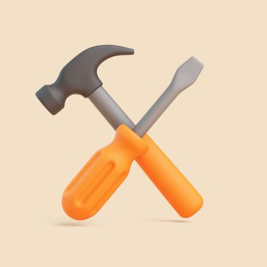 Üç boyutlu çekiç ve turuncu saplı tornavida bej arka planda çaprazlanmış. Araç gereçlerin ya da inşaatın en az, temiz ve sembolik
