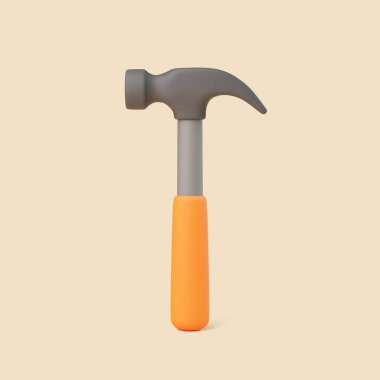 Gri başlı ve turuncu saplı 3 boyutlu bir çekiç bej arka planda izole edilmiş. Asgari tasarım araçları, inşaat ve DIY sembolize