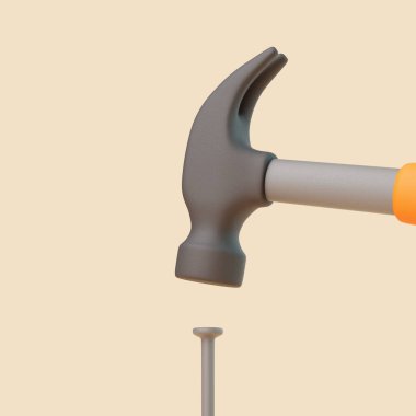 Bej arka planda çivi çakan karikatür tarzı bir çekicin yakın plan üç boyutlu çizimi, minimum ve temiz konsept sanatı