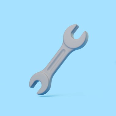 Pastel mavi arka planda izole edilmiş gümüş İngiliz anahtarının en az 3D çizimi