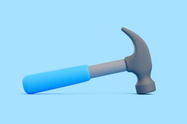 Mavi saplı, pastel mavisi arka planda düz duran 3 boyutlu bir çekiç. İnşaat, araç ve DIY tasarımı için minimal ve temiz konsept