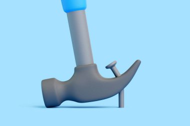 Mavi saplı pençeli bir çekicin gerçekçi üç boyutlu çizimi mavi arka planda bir çivi çıkarıyor. Onarım, inşaat, alet kullanımı, el işi ve bakım kavramı