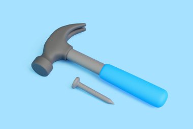 Açık mavi arka planda bir çivinin yanında duran mavi saplı bir çekicin 3 boyutlu çizimi. Araç gereç, onarım, inşaat, inşaat ve ev geliştirme kavramı