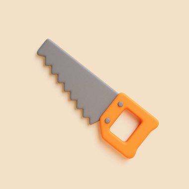 Turuncu saplı gri metal bir el testeresinin üç boyutlu görüntüsü açık bej arka planda çapraz yerleştirilmiş. Marangozluk, DIY ve kesim aletleri gibi temiz ve minimal kavramlar