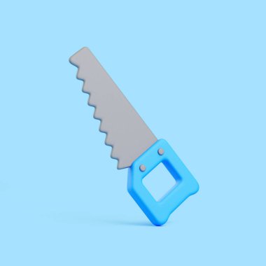 Açık mavi arka planda dikey duran mavi saplı gri bir el testeresinin üç boyutlu çizimi