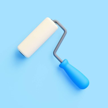 Parlak mavi arka planda mavi saplı 3 boyutlu bir boya silindiri. Minimalist kompozisyon, temiz ve modern araç kavramı