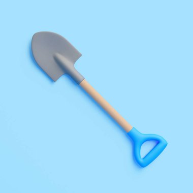 Mavi saplı bir bahçe küreğinin 3 boyutlu görüntüsü ve açık mavi arka planda çapraz yerleştirilmiş metal bıçak. Asgari ve temiz bahçe aracı kavramı