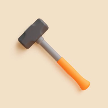 Turuncu saplı 3 boyutlu balyoz ve bej arkaplanda izometrik görüntüde gri kafa