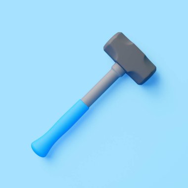 Açık mavi arkaplanda duran siyah başlı ve mavi saplı balyoz, ağır inşaat veya yıkım çalışmalarını temsil eden 3D minimal çizim