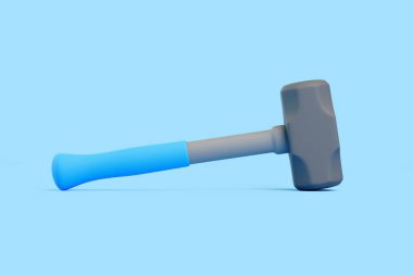 Mavi saplı, açık mavi arka planda düz yatan ağır bir balyozun üç boyutlu çizimi. Modern stilde asgari yapı ve yıkım aracı kavramı