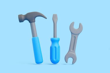 Çekiç, tornavida ve ingiliz anahtarı da dahil olmak üzere üç boyutlu karikatür araçları seti, mavi arkaplan üzerinde dik duran, en düşük render