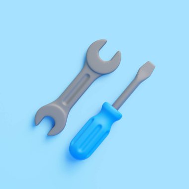 Mavi arka planda yan yana uzanan gri İngiliz anahtarı ve mavi saplı tornavidayı gösteren üç boyutlu bir resim.