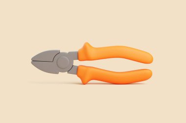 Gri metal çeneli, turuncu plastik saplı ve bej arka planda düz duran pense kesiminin 3 boyutlu yan görüntüsü. Araç gereç, onarım ve DIY için temiz ve minimal konsept