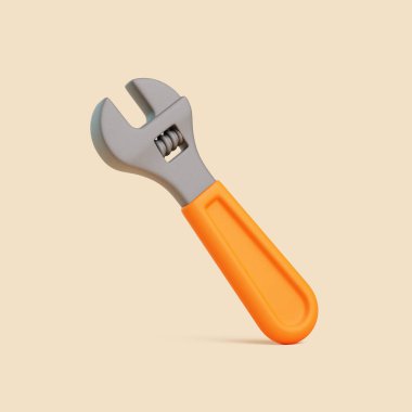 Bej arka planda turuncu saplı 3D ayarlanabilir anahtar, tamirat, inşaat ve mekanik işi simgeliyor.
