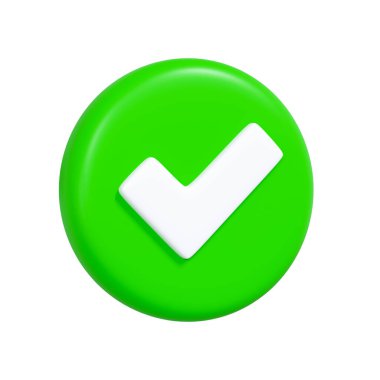 Beyaz arkaplanda yuvarlak yeşil düğme içinde beyaz onay işareti, 3B minimal onay simgesi