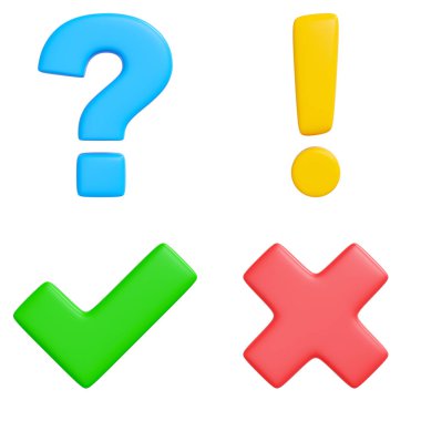 Renkli sembollerin 3 boyutlu çizimi mavi soru işareti, sarı ünlem, yeşil onay işareti, ve beyaz arkaplanda kırmızı haç