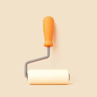 Turuncu saplı ve beyaz silindirli 3 boyutlu bir boya silindiri, bej arka planda izole edilmiş.