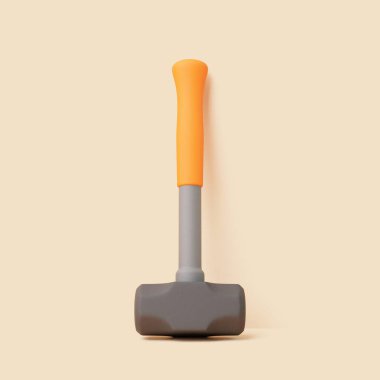 Üç boyutlu balyoz, gri metal başlı ve turuncu saplı, bej arka planda. İnşaat, onarım ve DIY için en küçük araç konsepti