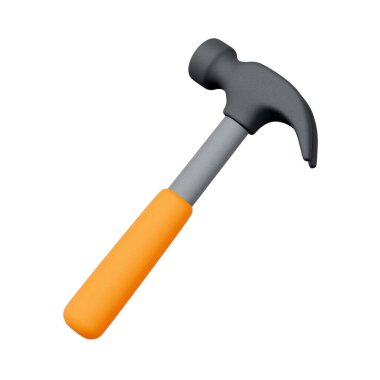 Kavisli pençe ve turuncu saplı üç boyutlu çekiç beyaz arka planda.