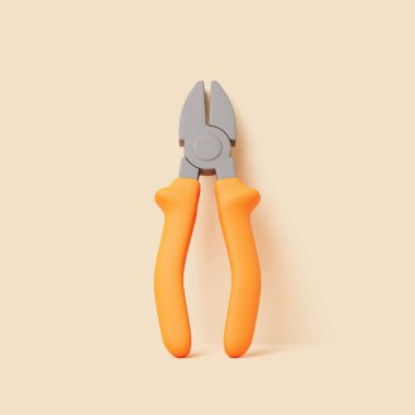 Gri metal başlıklı 3 boyutlu kerpeten ve bej arka planda parlak turuncu saplı, en az renkte.