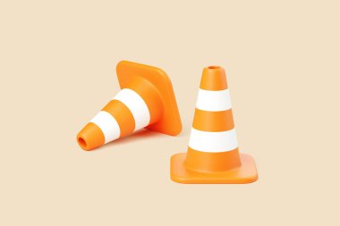 Üç boyutlu bej arka planda beyaz çizgili iki turuncu güvenlik konisi çizimi yol uyarısı ve güvenlik sembolü