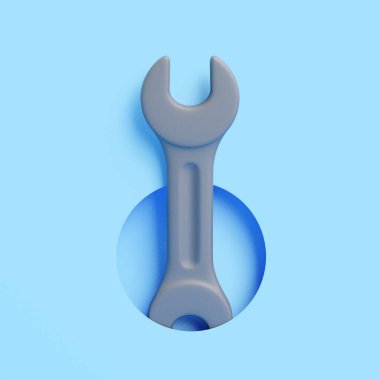 Mavi arkaplanda izole edilmiş üç boyutlu anahtar anahtarı oluşturma aracı, asgari onarım ve bakım kavramı