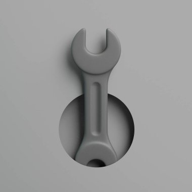 Gri arkaplanda izole edilmiş üç boyutlu anahtar anahtarı oluşturma aracı, minimum endüstriyel onarım kavramı