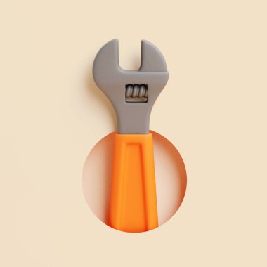 Bej arka planda turuncu saplı ayarlanabilir anahtarın üç boyutlu çizimi, tamir ve inşaat araçlarının sembolü