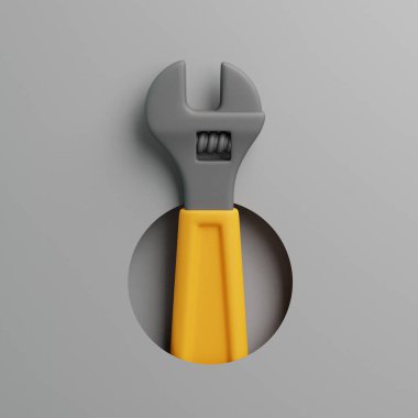 Gri arka planda sarı saplı 3D ayarlanabilir anahtar, inşaat, onarım ve bakım araçlarının sembolü
