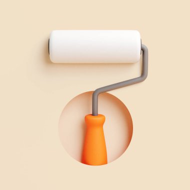 Beyaz silindirli ve turuncu saplı 3 boyutlu boya silindiri bej arka planda