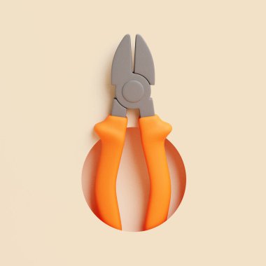 Turuncu tel kesicilerin bej arka planda izole edilmiş gri bıçaklı pense ve el aleti.
