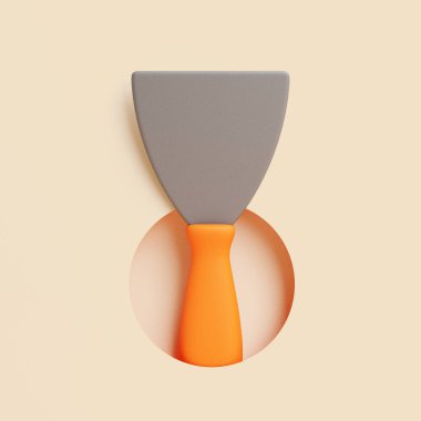 Turuncu saplı üç boyutlu macun bıçağı bej arka plan, inşaat ve yenileme aracı kavramı