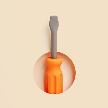 Gri metal uçlu 3B tornavida ve turuncu saplı, bej arka planda minimal biçimde izole edilmiş.