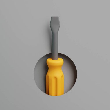 Gri metal uçlu 3B tornavida ve sarı saplı, gri arka planda minimal biçimde izole edilmiş.