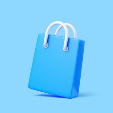 Mavi arka plan, perakende, alım ve ticaret kavramına eğimli beyaz saplı 3D mavi alışveriş çantası