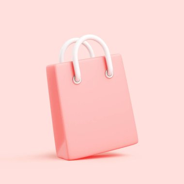 Beyaz saplı, pastel arka planda izole edilmiş 3 boyutlu pembe alışveriş torbası.