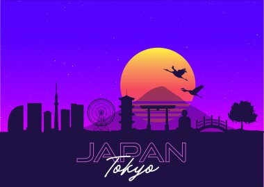 Tokyo, Japonya Retro Biçimli Skyline Manzarası