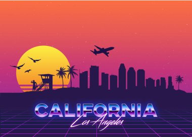Los Angeles California USA Skyline Synthwave Vaporwave Retro Vactor Graphic Palms clipart